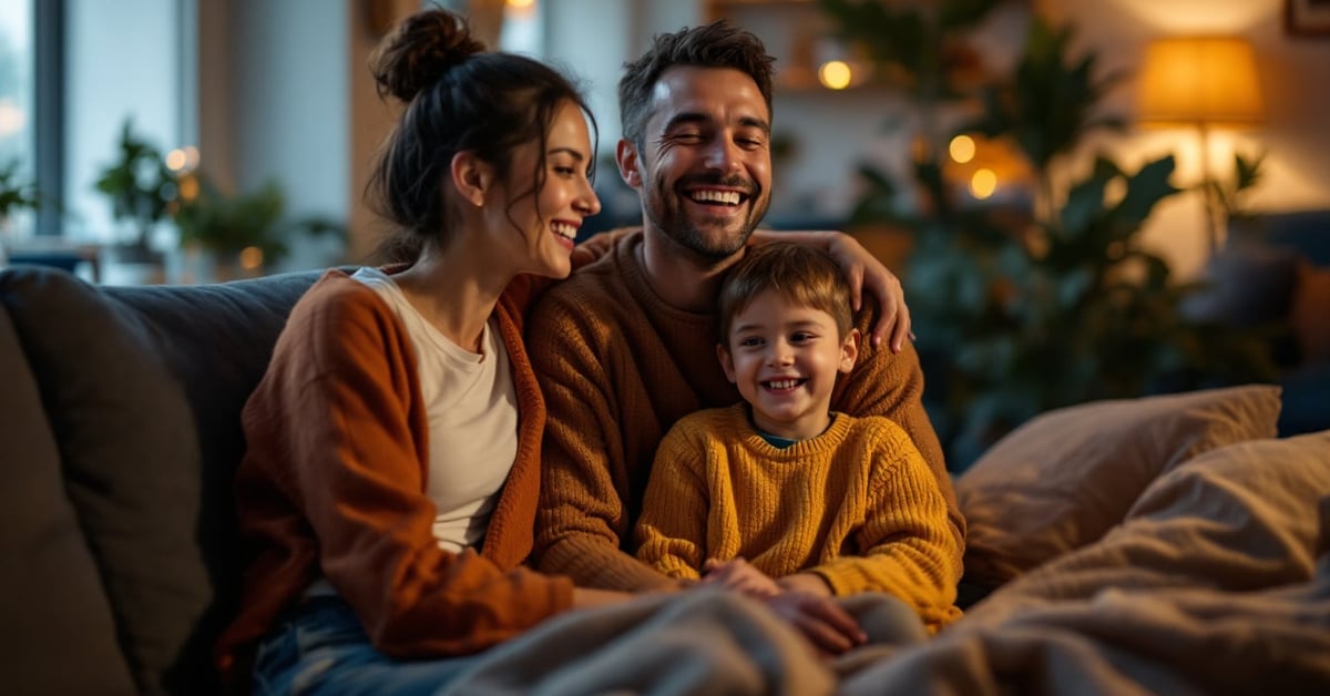 Famille réunie sur un canapé en train de regarder un film comique ensemble en riant