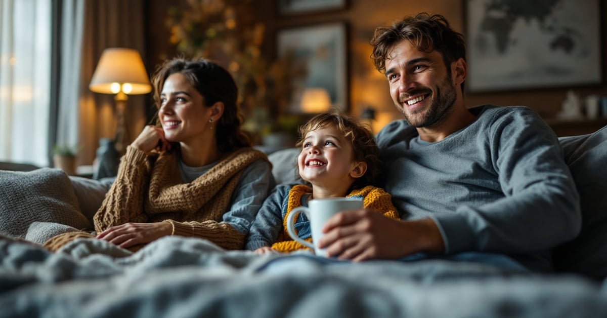 Famille réunie devant un film en soirée cinéma à la maison, ambiance chaleureuse et conviviale
