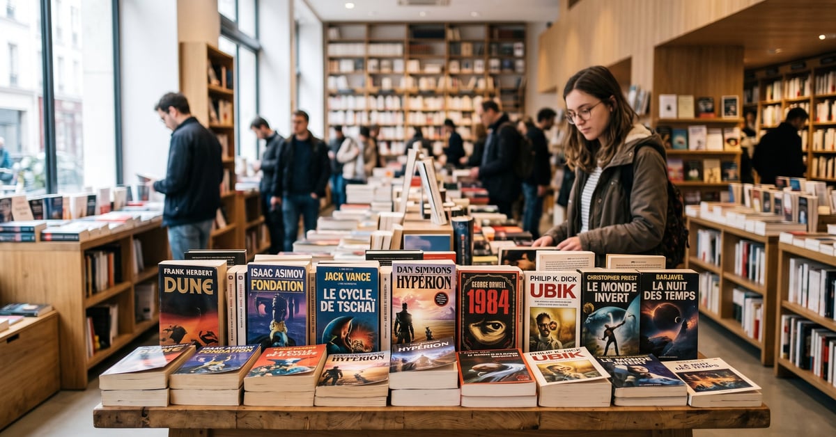 Livres de science-fiction disposés en panoramique, couvertures colorées évoquant l'exploration spatiale et les futurs lointai