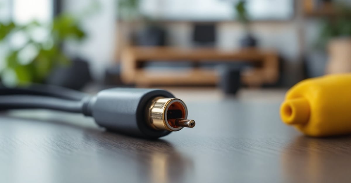 Câble jack RCA haute qualité avec connecteurs dorés sur fond neutre moderne