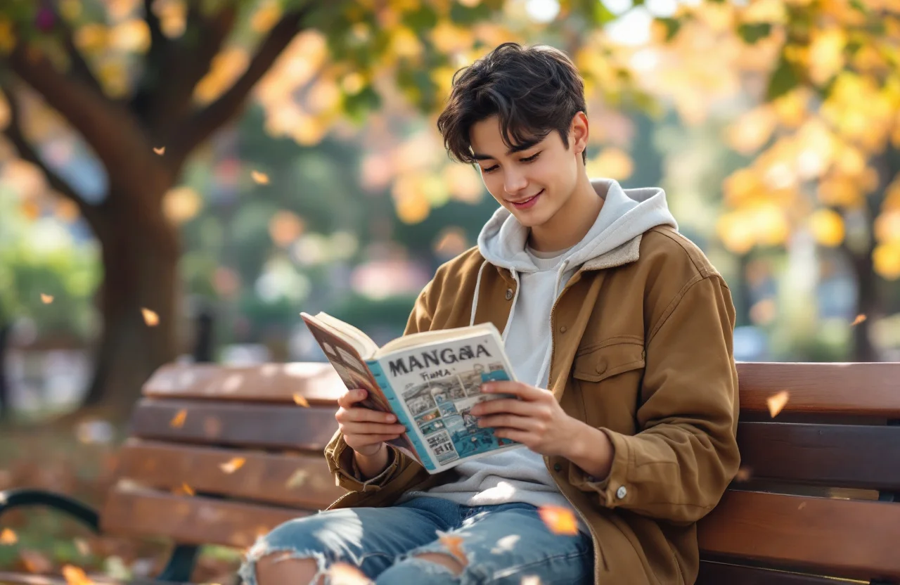 Jeune adulte lisant un manga sur un banc dans un parc en automne